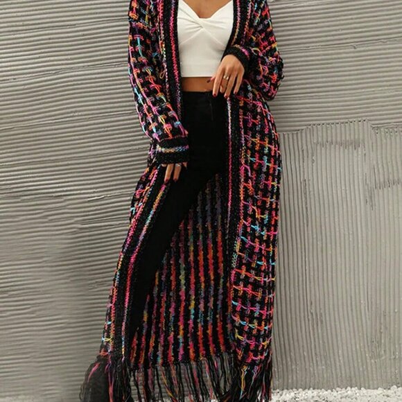 Multicolor Casual Women's Long Colorful Tasseled Knitted sweater Cardigan - Picture 4 of 5